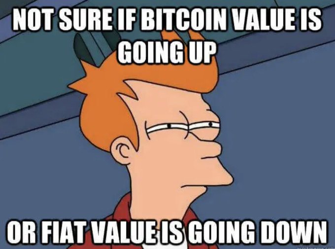 A "Not Sure If..." meme featuring the skeptical Futurama character with the text "NOT SURE IF BITCOIN VALUE IS GOING UP OR FIAT VALUE IS GOING DOWN," humorously reframing the question of Bitcoin's price by suggesting its rising value might actually reflect fiat currency's decline rather than BTC's appreciation.