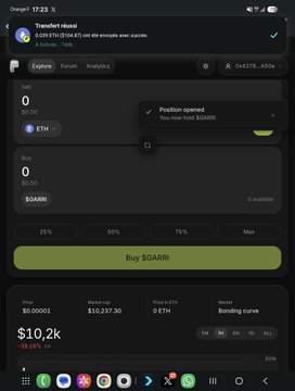 The image shows a mobile crypto trading interface displaying the "$GARRI" token on DexScreener with a market cap of $10.2K, a "Transfert réussi" (successful transfer) notification at the top, and an open "Position opened" alert for a new buy order. This relates to the post by the token's creator, who is clarifying they hold no supply and purchased $GARRI solely to demonstrate creator fee distribution to holders, despite the token's modest $10.2K market cap.
