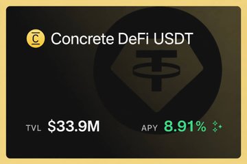 A black promotional card displays 'Concrete DeFi USDT' with a TVL of $33.9M and an APY of 8.91%, featuring a Tether logo in the background.