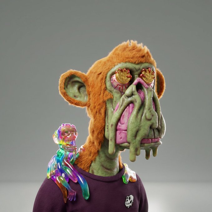 The image features a cartoon character, possibly a monkey or a monster, wearing a purple shirt with rainbow colors. The character has an orange face and is holding a small toy monkey on its back. The background of the image is gray, which contrasts with the colorful attire of the character. There are no texts present in the image.