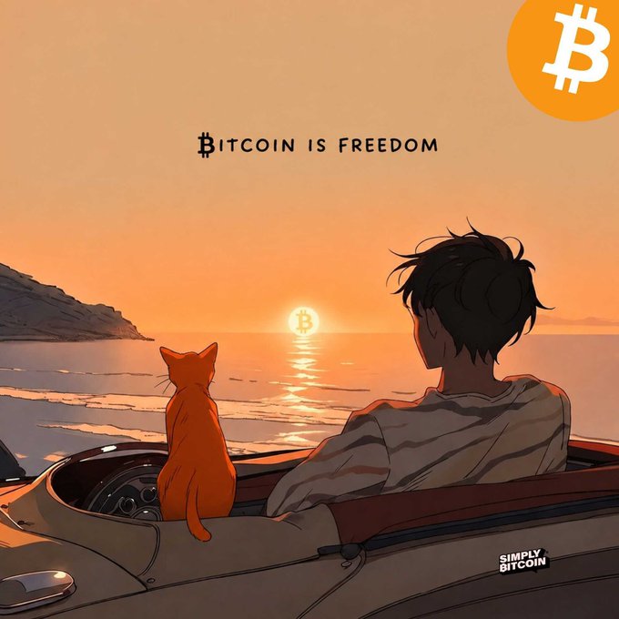 An anime-style illustration of a person and an orange cat sitting in a convertible car watching a Bitcoin sunset over the ocean, with the text "BITCOIN IS FREEDOM" and a "SIMPLY BITCOIN" logo, alongside a Bitcoin (₿) symbol in the corner.