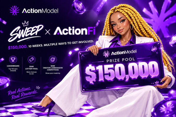 An advertisement for 'SWEEP × ActionFi' by ActionModel featuring a woman holding a '$150,000 PRIZE POOL' sign, with details about a 10-week competition including leaderboard prizes, $30K lottery pool, and $30K creator competitions.