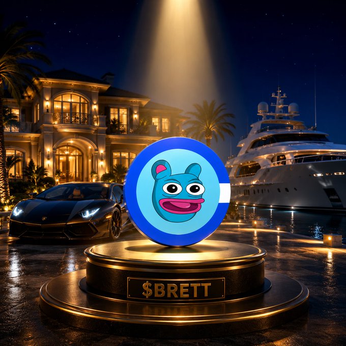 A digital illustration featuring a blue cartoon bear token floating on a golden pedestal labeled '$BRETT' in front of a mansion, Lamborghini, and yacht at night.