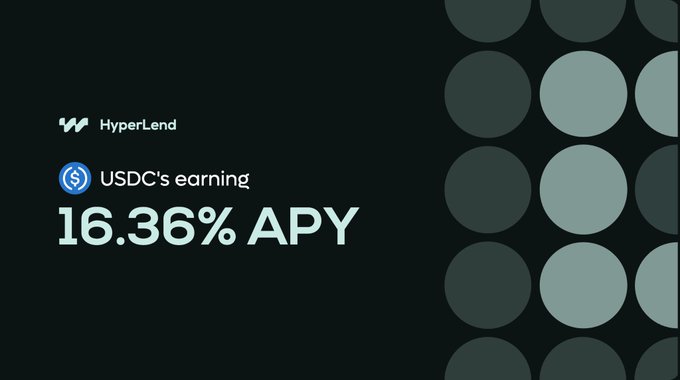 The image shows a black background with white text that reads "16.36% APY for USDC on HyperLend". The text is centered, making it easy to read. The image also features a circular pattern of gray dots arranged in rows, which adds visual interest and complements the text's color scheme.