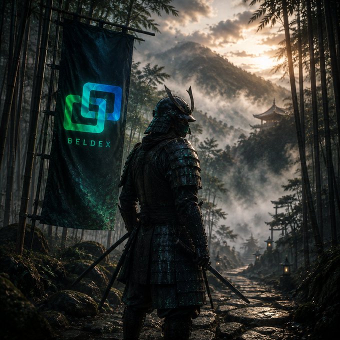 A samurai warrior in dark armor standing in a misty bamboo forest with a BELDEX cryptocurrency banner, with a Japanese pagoda visible in the background.