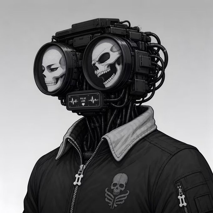 A black-and-white digital artwork of a cybernetic figure with a mechanical head featuring two skull faces on circular screens and a 'POLICE LINK' display, wearing a dark jacket with a skull logo.