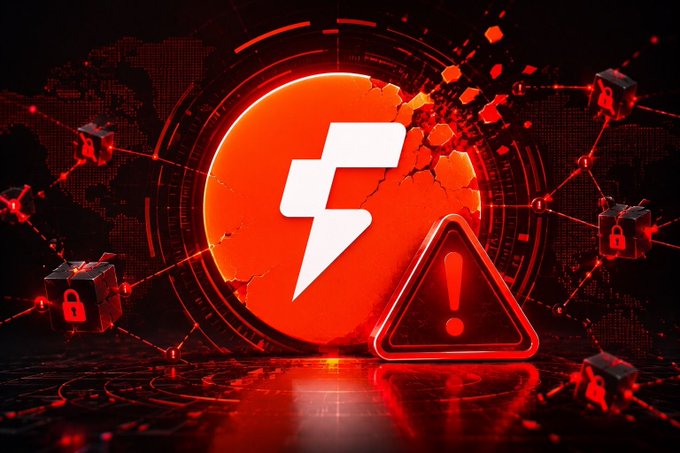 A shattered orange Fogo logo emblem is displayed alongside a glowing red warning triangle and scattered padlock icons against a dark network background, visually symbolizing the security breach and emergency halt. The "FOGO" branding corresponds to the token referenced in the alert, while the broken fragments and warning sign reinforce the mainnet suspension following the $3M exploit.