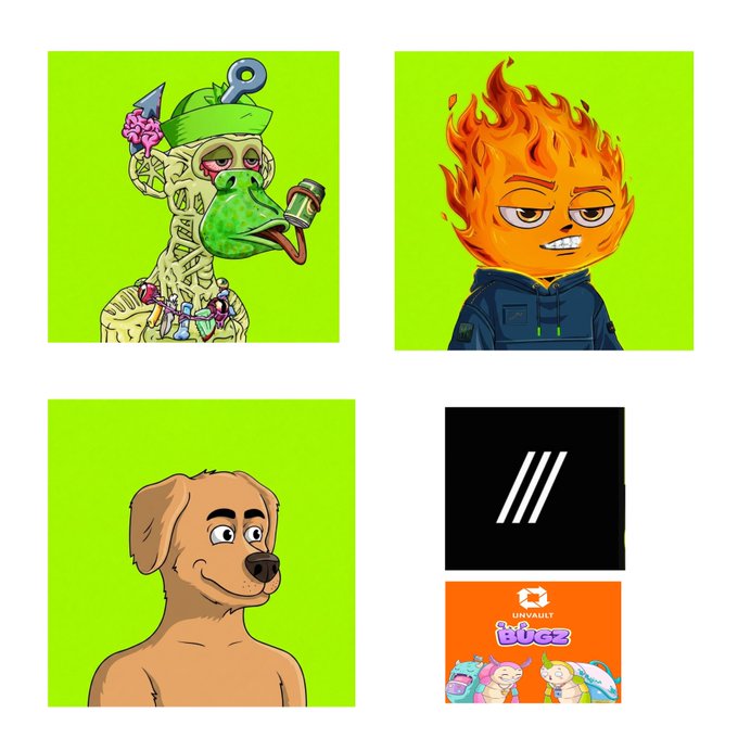 The image displays four NFT-related panels: a zombie-like ape with a syringe hat and lipstick holding a can, a fire-headed figure in a blue hoodie, a cartoon brown dog, and two logos including a "LinVault Buzz" banner, all set against bright green backgrounds. The artwork corresponds to the giveaway featured in the post, showcasing characters from the DuntApesHood and BraveDogsHood NFT collections being minted on August 15.