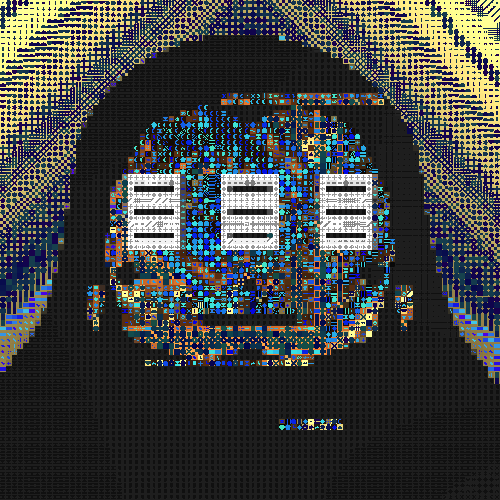 A pixelated digital artwork features a dark silhouette resembling a hooded figure with three window-like structures across the face, set against a colorful mosaic background.