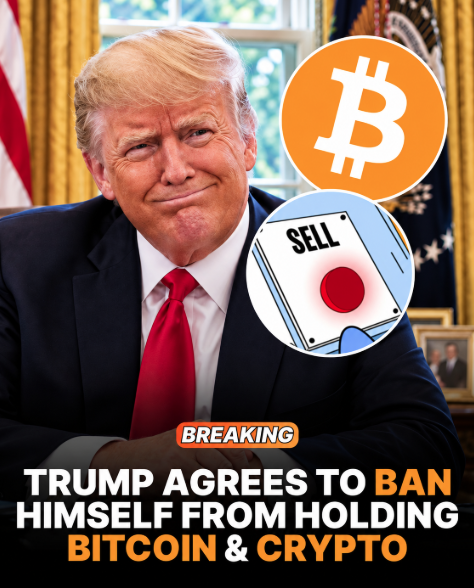 A satirical 'BREAKING' news graphic featuring Donald Trump smiling with Bitcoin and 'SELL' button graphics, headline reading 'TRUMP AGREES TO BAN HIMSELF FROM HOLDING BITCOIN & CRYPTO'.