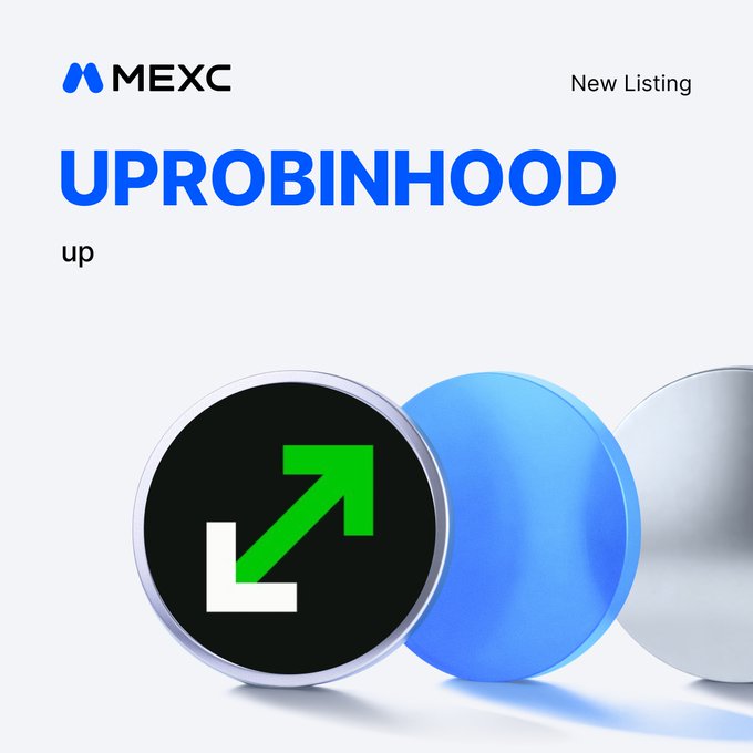 A MEXC exchange promotional graphic announcing the new listing of UPROBINHOOD (ticker: UP), featuring the platform's logo, "New Listing" text, and a black coin displaying the project's green upward-arrow icon.