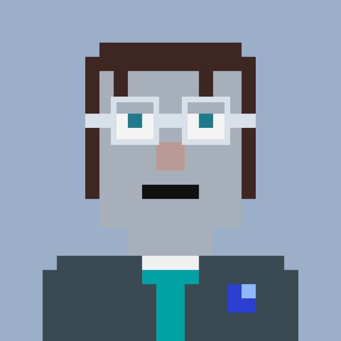 A pixel art illustration shows a person with brown hair, glasses, a neutral expression, a dark suit, and a teal tie with a blue pocket square.