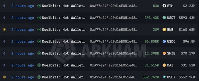 A screenshot of cryptocurrency transactions on Arkham showing multiple transfers from 'Duelbits: Hot Wallet' across various tokens (ETH, USDT, BNB, USDC, SHIB, DAI, USDT) with dollar values ranging from $31.52K to $2.23M.