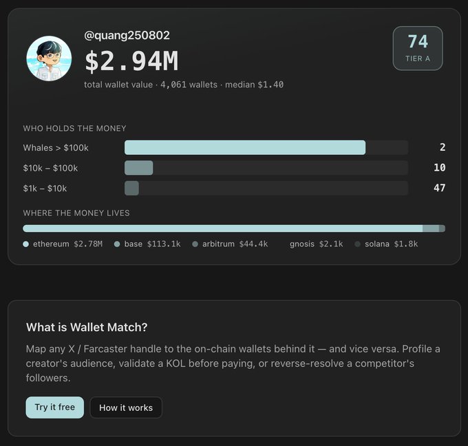 A dark-themed dashboard screenshot for '@quang250802' showing a total wallet value of '$2.94M' across 4,061 wallets, with breakdowns of holdings by tier and chain including ethereum, base, arbitrum, gnosis, and solana.