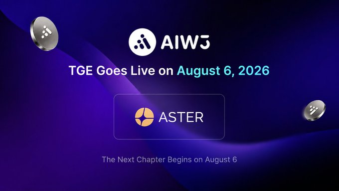 A promotional graphic on a purple background announcing "TGE Goes Live on August 6, 2026" for the AIW3 token, featuring the AIW3 and ASTER logos with the tagline "The Next Chapter Begins on August 6." The image visually highlights AIW3's integration with the Aster trading platform, as mentioned in the accompanying post about AIW3 being live on Aster for trading.