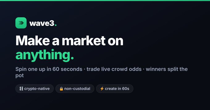 A promotional banner for Wave3 with the headline "Make a market on anything," featuring tags "crypto-native," "non-custodial," and "create in 60s" against a dark background.