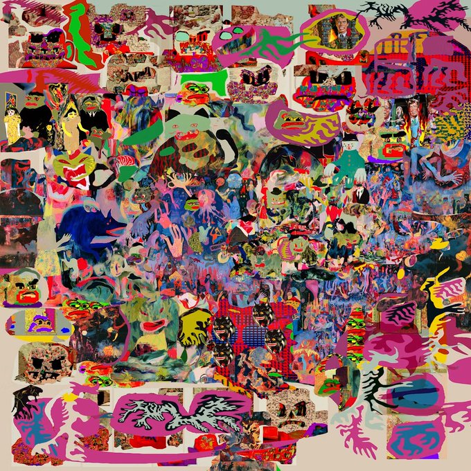 A vibrant, chaotic abstract artwork featuring numerous distorted faces, figures, skulls, and colorful patterns in pinks, purples, blues, greens, and yellows.