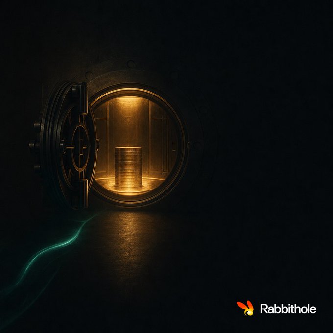 An open vault filled with glowing gold coins, with the "Rabbithole" logo in the corner, visually represents the post's offer to deposit weEUR on Optimism and earn up to 33.45% capped APY.