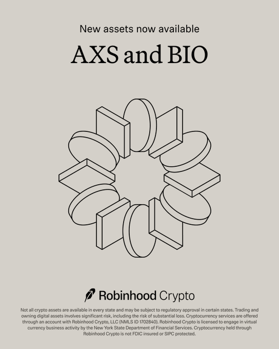 The image features a circular design with various shapes, such as squares and circles, arranged around a central point. The text "New assets now available" is displayed above this circular arrangement of shapes. Below the circular design, there are two lines of text that read "AXS (Axie Infinity) $BIO (Bio Protocol)" which provide information about the new assets being offered on Robinhood Crypto.