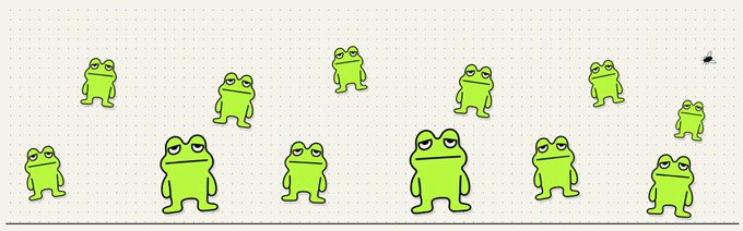 An illustration of various cartoon green frogs with tired expressions scattered across a white background, appearing to watch a small fly in the upper right corner.