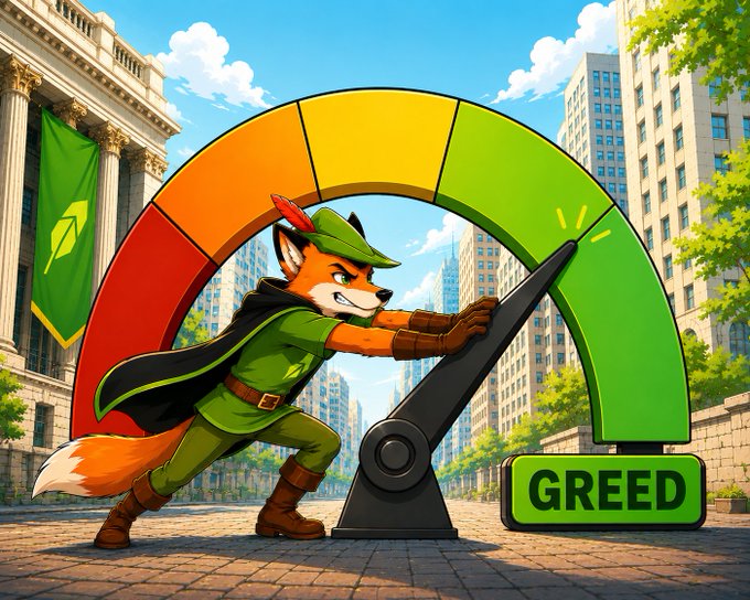 A cartoon fox dressed as Robin Hood in green attire pushing a large gauge meter toward the 'GREED' zone in an urban setting with classical buildings and skyscrapers.