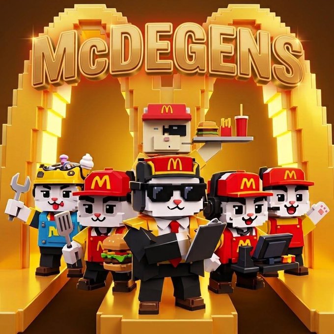 A McDonald's-themed NFT-style digital artwork titled 'McDEGENS' features cartoon McDonaldland characters in voxel/blocky art style, including a central figure holding a tray with a burger and drink.