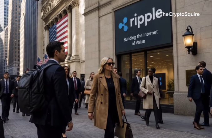 A street scene with pedestrians walking past a building displaying a 'ripple - Building the Internet of Value' sign, watermarked '@theCryptoSquire'.