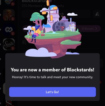 A screenshot shows a confirmation popup for the 'Blockstards' app with the message 'You are now a member of Blockstards!' and a 'Let's Go!' button.