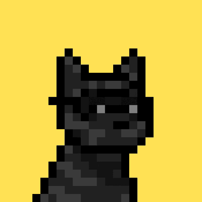A pixel art illustration of a black cat or creature with gray eyes set against a solid yellow background.