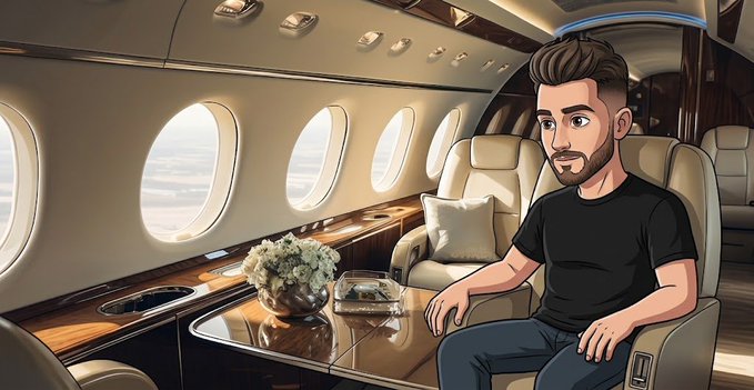 An illustrated man with a beard sits in a luxurious private jet, with a table holding a floral arrangement in the foreground.