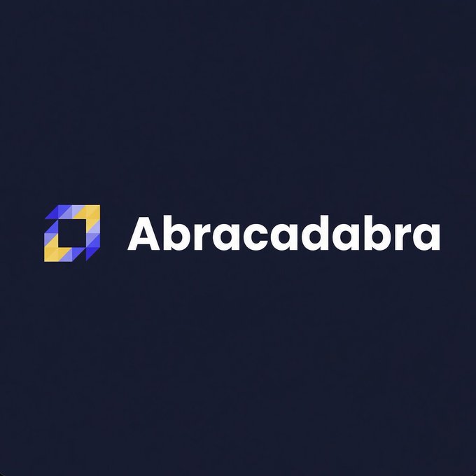 The image displays the Abracadabra logo, featuring a blue and yellow geometric square icon next to the white "Abracadabra" wordmark on a dark navy background, directly representing the protocol mentioned in the news about its potential wind-down due to bad debt in $MIM.