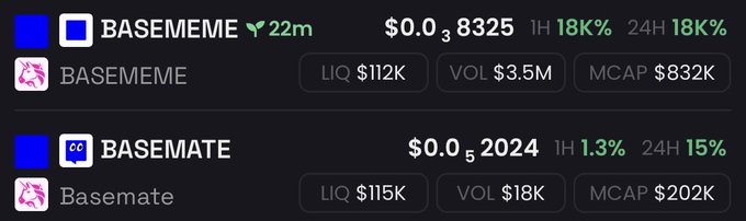 A screenshot of cryptocurrency listings for BASEMEME and BASEMATE tokens showing their prices, liquidity, volume, and market cap metrics.