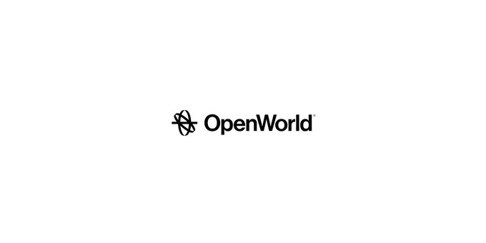 The image features the OpenWorld ($OPNW) logo with its atom-like icon on a plain background, representing the company mentioned in the announcement of its proposed acquisition of Blocksight, an AI agent builder for real-world assets.