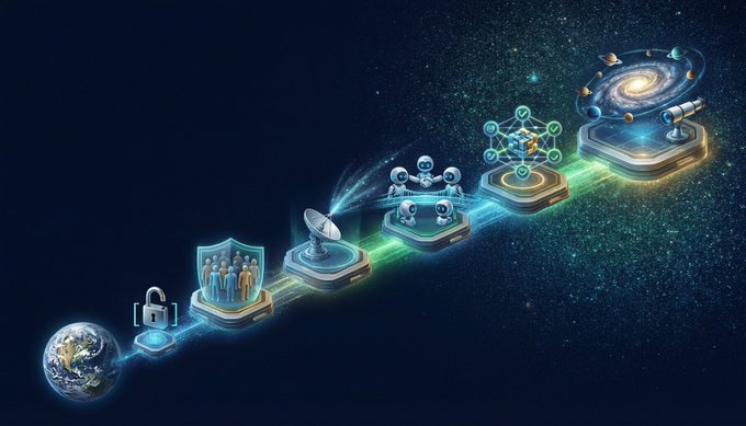 A digital illustration depicts a futuristic space pathway with floating platforms representing various concepts like Earth, security, a satellite dish, aliens, AI, and a galaxy.