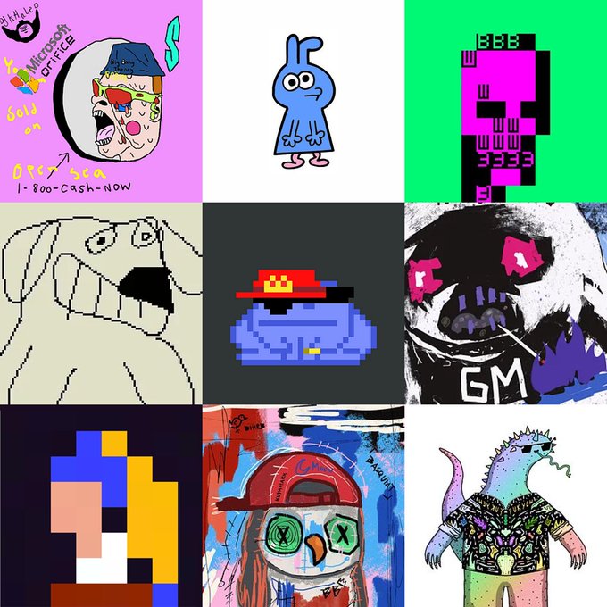 A 3x3 grid collage of nine crude, meme-style digital drawings featuring various subjects including a dog, cartoon characters, and abstract designs with text like 'Microsoft Office' and 'BBB'.