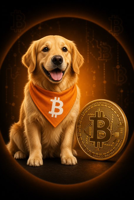 A digital illustration of a golden retriever wearing an orange Bitcoin logo bandana sitting next to a large Bitcoin coin against a background of faint Bitcoin symbols.