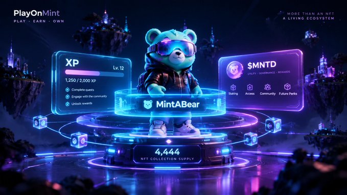 A digital bear character wearing sunglasses stands on a glowing pedestal labeled "MintABear" with a supply of 4,444, flanked by XP (Level 12, 1,250/2,000 XP) and $MNTD token panels, set against a neon "PlayOnMint" ecosystem backdrop.