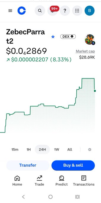 A mobile crypto trading app displays the ZebecParra token at $0.042869, showing an 8.33% gain, a $28.69K market cap, and an upward trending price graph.