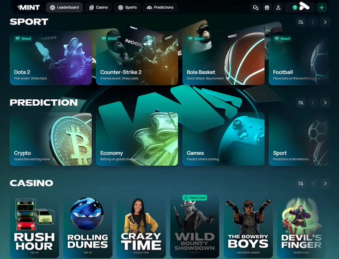 A sports betting and casino website interface showing categories like Sport (Dota 2, Counter-Strike 2, Basketball, Football), Prediction (Crypto, Economy, Games), and Casino games (Rush Hour, Rolling Dunes, Crazy Time, Wild Bounty Showdown).