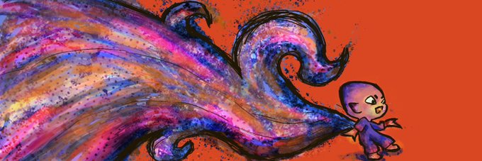 urn of purple and pink hues swirls around a small figure, set against an orange background with white polka dots.