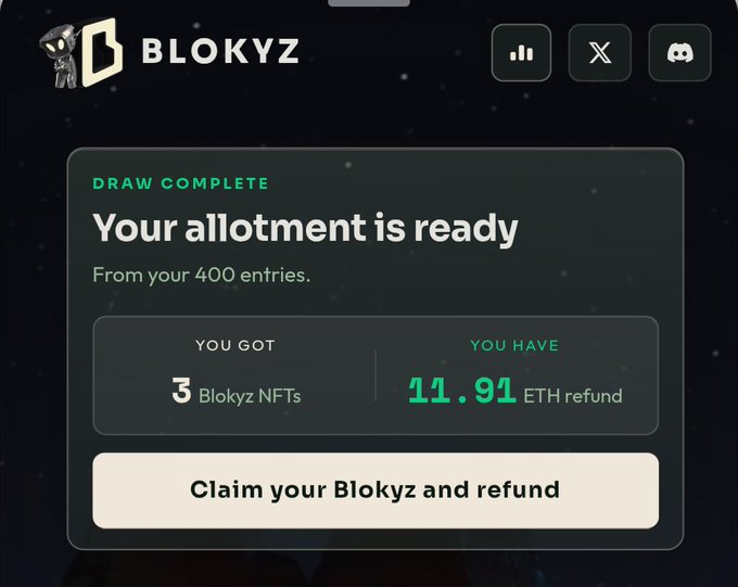 The image shows a "DRAW COMPLETE" notification from Blokyz NFT platform, revealing the user received 3 Blokyz NFTs from 400 entries along with an 11.91 ETH refund. This directly illustrates the poster's claim of getting "3 blokyz for 12 eth," with the claimed allotment now representing their pre-FP value referenced in the post.