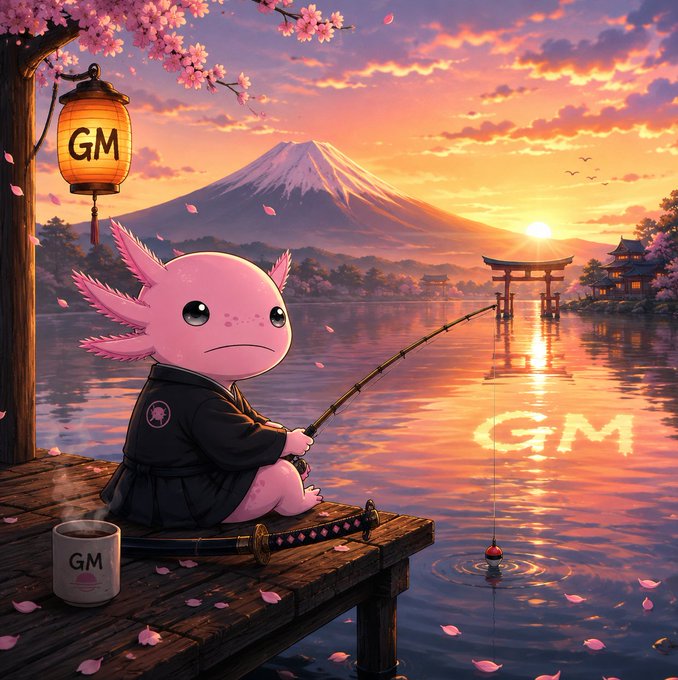 An adorable pink axolotl in a black kimono sits on a wooden dock fishing at sunset, with Mount Fuji and a torii gate in the background. A lantern and mug read 'GM,' and 'GM' is reflected in the water.