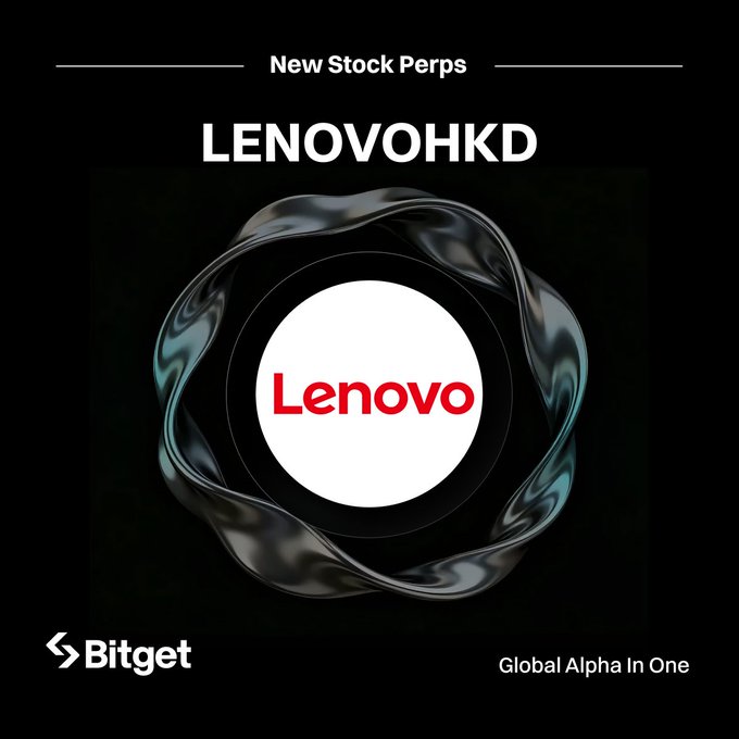 Bitget announces the listing of Lenovo (LENOVOHKD) stock perpetual futures, featuring the Lenovo logo within a glossy black ring on a dark background, aligned with the post promoting 20x leverage trading.
