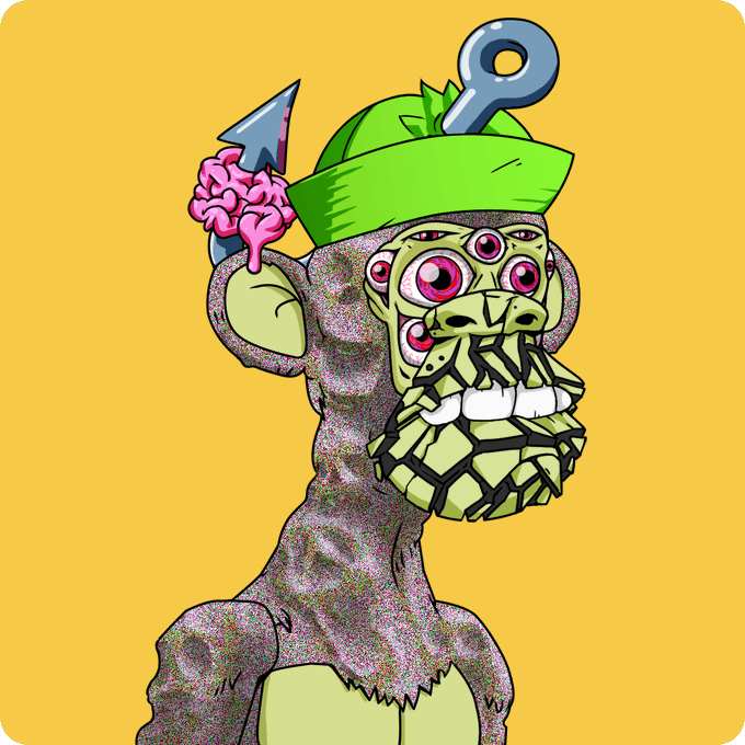 A digital illustration of a grey-skinned ape with pink eyes, a green hat, holding a pink brain, and featuring a wind-up key on its head against a yellow background.