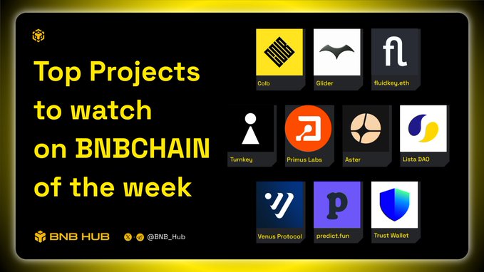 A promotional graphic titled 'Top Projects to watch on BNBCHAIN of the week' by BNB_Hub, featuring project logos including Colb, Glider, fluidkey.eth, Turnkey, Primus Labs, Aster, Lista DAO, Venus Protocol, predict.fun, and Trust Wallet.