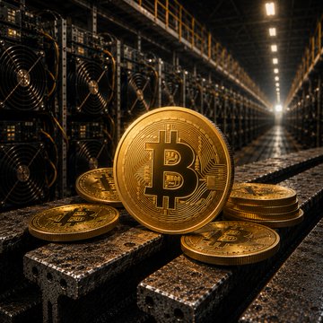 A physical Bitcoin token rests among stacks of coins inside a dimly lit mining facility lined with cooling fans, visually echoing the post's point about miner revenue being dominated by block subsidies rather than transaction fees.