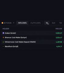 A cryptocurrency tracking app interface on the BTC/USD pair, showing inflows for Kraken ($5,652.87), Binance Cold Wallet ($5,204.47), Wintermute Cold Wallet Deposit ($k1,257.58), and BlackRock ($4,514.71) in dark mode.