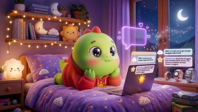 A cute illustration of a green baby dinosaur character in a red hoodie lying on a bed with a purple star-patterned blanket, using a laptop while glowing speech bubbles float nearby.