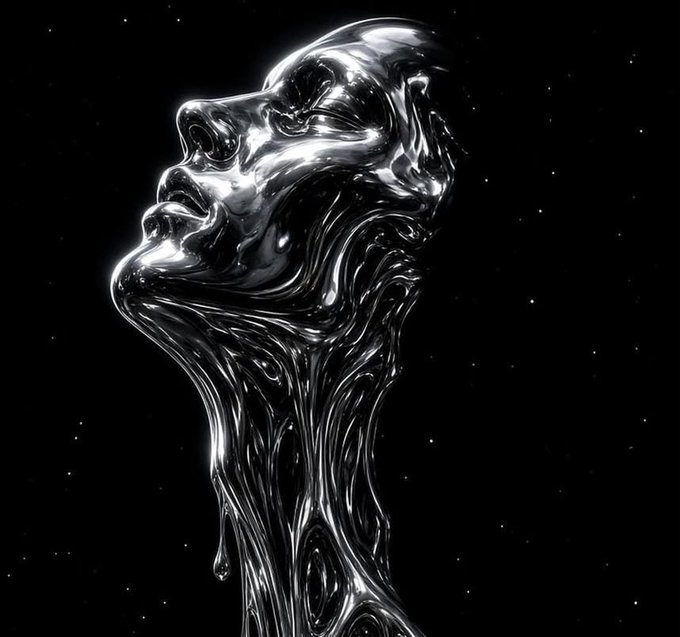 A chrome, liquid-metal figure floats against a starry black void with its head tilted upward in a state of suspension, visually embodying the "limine mortis" (threshold of death) concept referenced in the post. The ethereal, melting form captures the "Semi VIVUS" theme of existing between life and death, aligning with the announcement of the FREE 696 NFT collection launch on OpenSea.