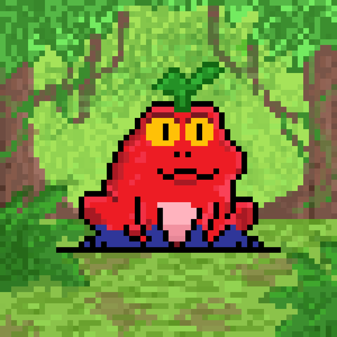 The image features a pixel-art rendering of a smiling red tomato-like character with a green leaf on top, sitting in a lush green forest setting. The cheerful, friendly character aligns with the vouching message, possibly representing the @beania_eth avatar or symbolizing the supportive nature of the recommendation.